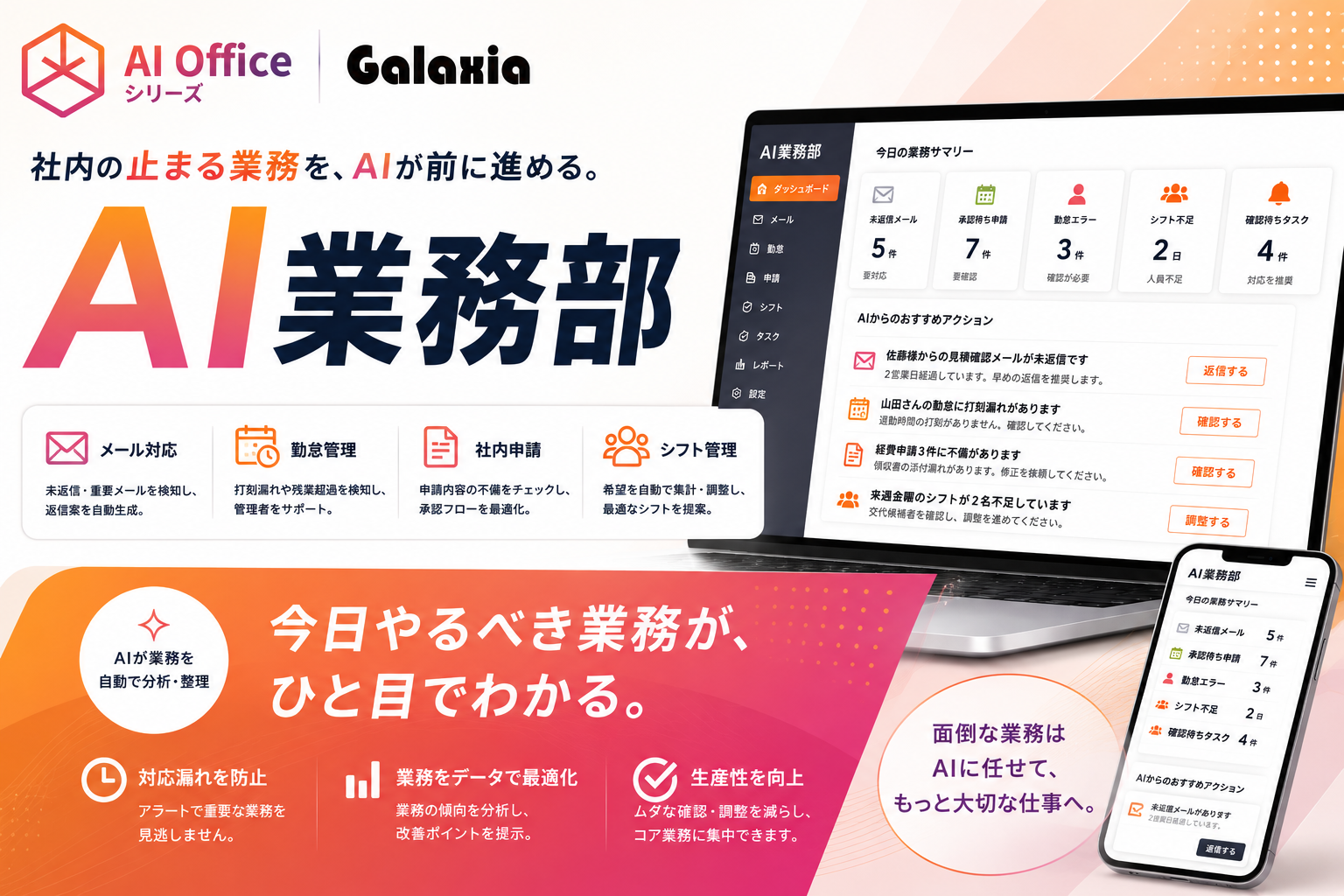 AI業務部｜社内の止まる業務を、AIが前に進める。メール対応・勤怠管理・社内申請・シフト管理・タスク整理をひとつの画面に集約し、今日やるべき業務がひと目でわかる。対応漏れを防止し、業務をデータで最適化し、生産性を向上する業務改善SaaS。