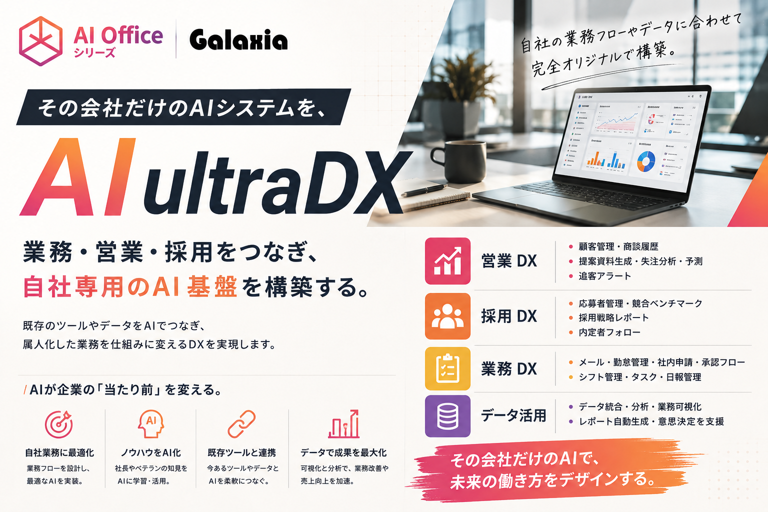 AI ultraDX｜その会社だけのAIシステムを、完全オリジナルで構築する。業務・営業・採用をつなぎ、自社専用のAI基盤を構築するオーダーメイドDXサービス。自社業務に最適化、ノウハウをAI化、既存ツールと連携、データで成果を最大化。